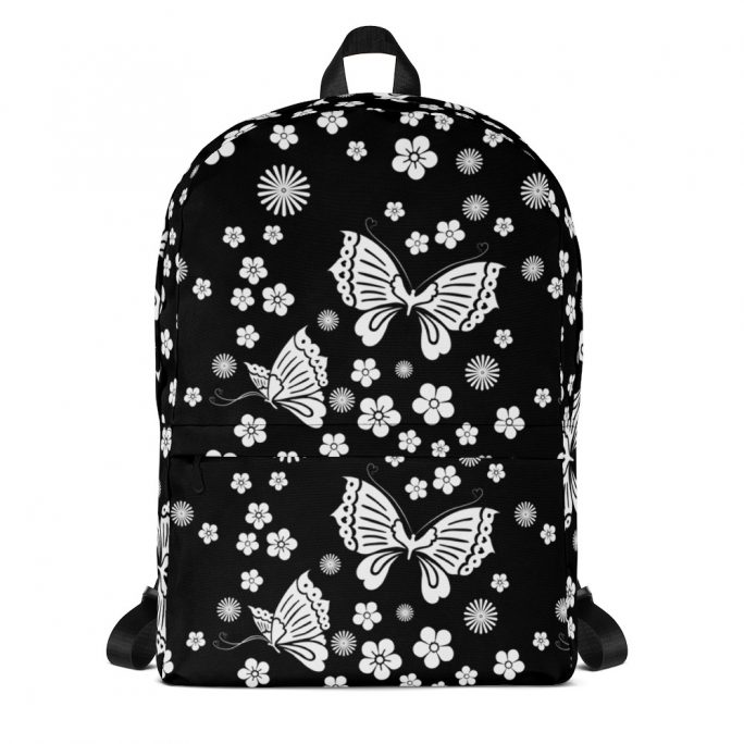 Backpack – Butterflies and Sakura - White on Black